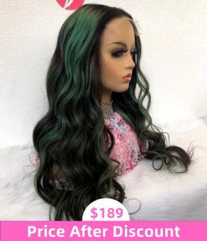 Rilich Hair Custom Virgin Human Hair Glueless 5X5 HD Lace Body Wave Black With Bright Green Highlights TR022