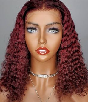 Rilich Hair Glueless Virgin Human Hair Burgundy Red Deep Curly 4×4 Lace Front Wigs for Women TR150