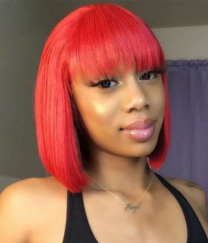 Rilich Hair Red Color Brazilian Virgin Human Hair 5×5 Lace Front Wigs Straight Bob With Bangs Bleached Knots TR141