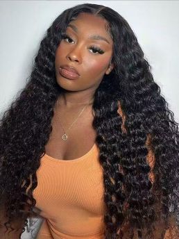 Rilich Hair 13x4 HD Lace Wig - Dark Curly Hair Model in Orange Tank Top, Real Human Hair, Ethical Luxury Wig with Silent Lace Base