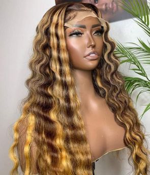 Rilich Hair Virgin Human Hair 13×6 HD Lace Front Wigs Deep Wave Honey Highlight Color TR031